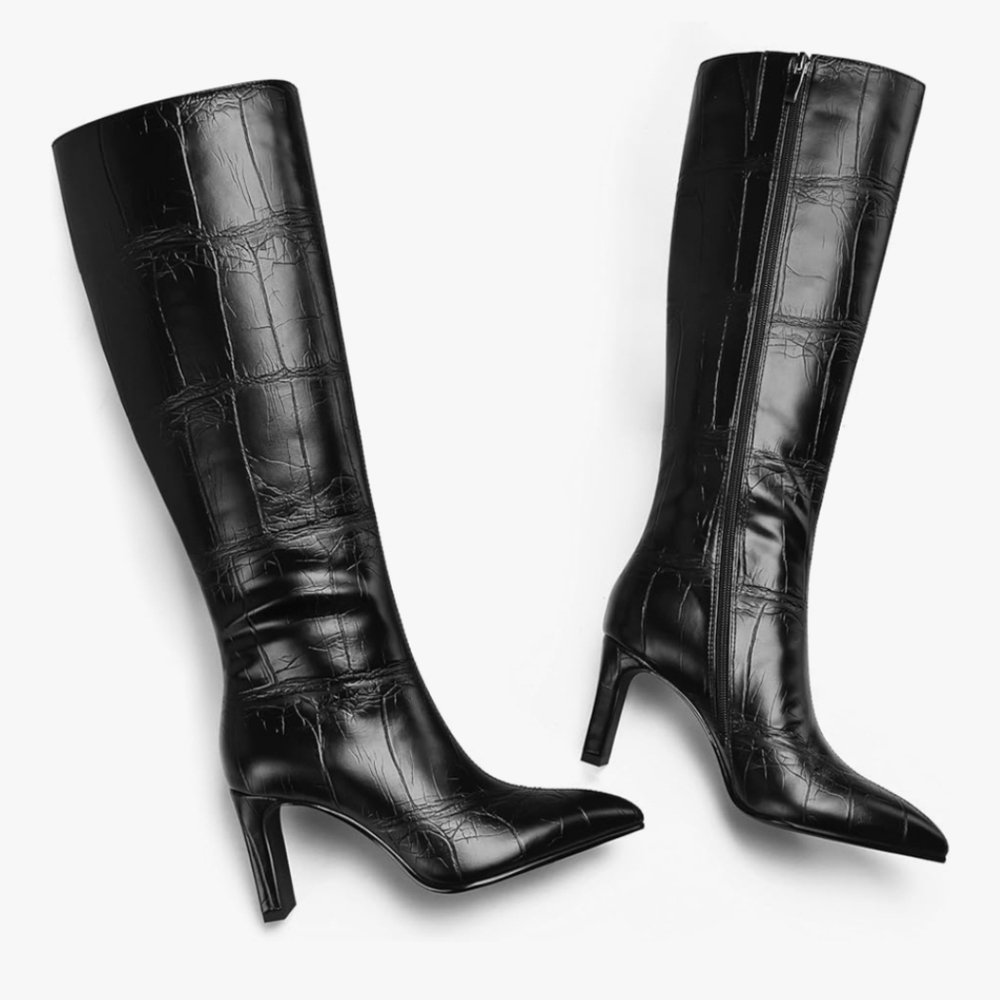 Tall Pointed-Toe Knee High Heeled Boots in Black